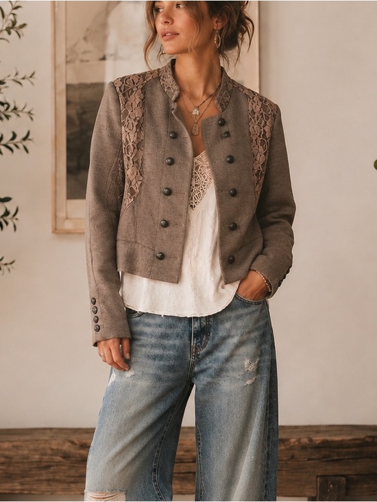 Free People Jackets & Blazers - Free People Military Lace Double Breasted Cropped Peplum Tan Black Jacket 6